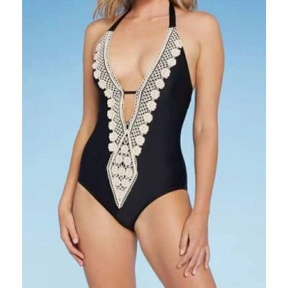 Kona Sol Women's LARGE Crochet Trim Plunge One Piece Swimsuit - Picture 1 of 10